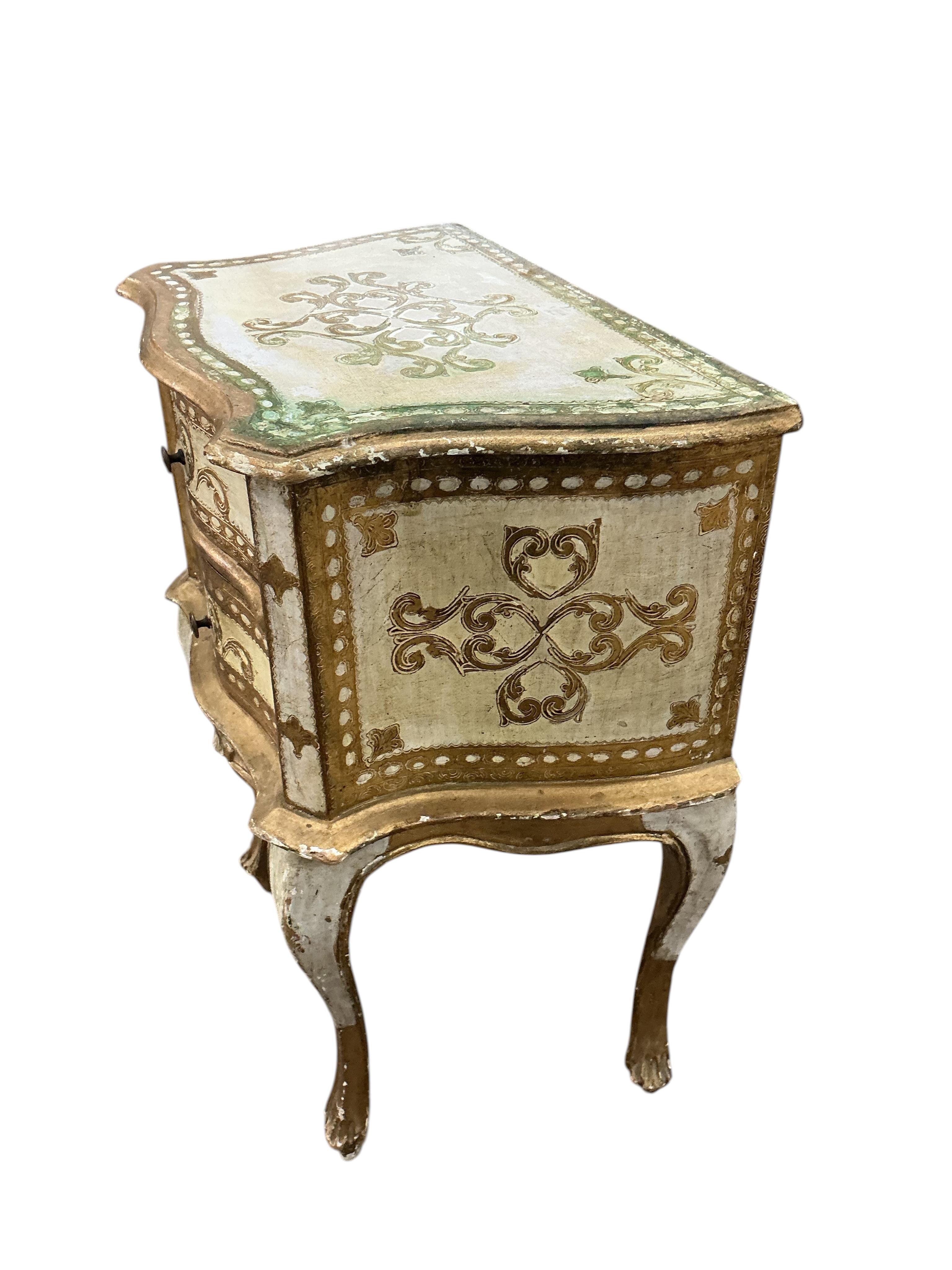 A pair of mid 20th century Italian painted two drawer bedside chests, width 45cm, depth 29cm, height 59cm